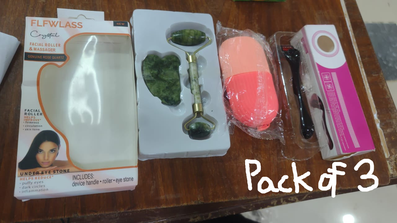 Combo Pack Marble Jade Roller With Stone Marble Ice Roller Facial Massage Derma Roller For Skin Care Relaxation - Pack Of 3