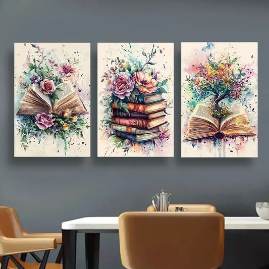 Botanical Books – 3-Piece Watercolor Wall Art Set Celebrating Growth & Imagination (8x11 inch)(00)